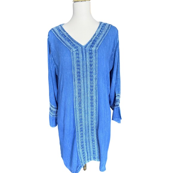 raya sun Tops - Raya Sun Womens Blue Embroidered V-Neck Tunic Top L/XL Boho Cotton Rayon